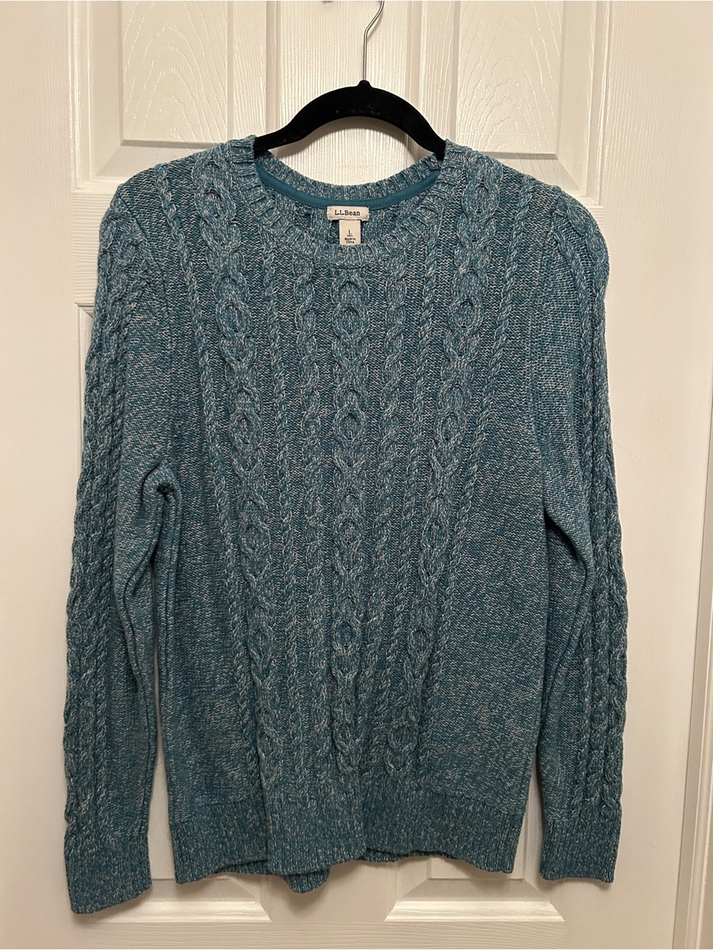 L.L. Bean Women's Teal Cable-Knit Crewneck Sweater